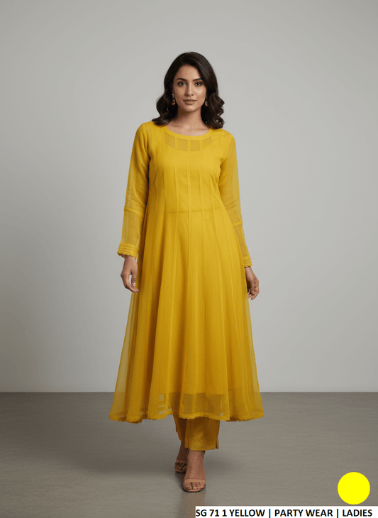 Chiffon long frock yellow - Pakistani women's elegant formal wear with grip trouser front view