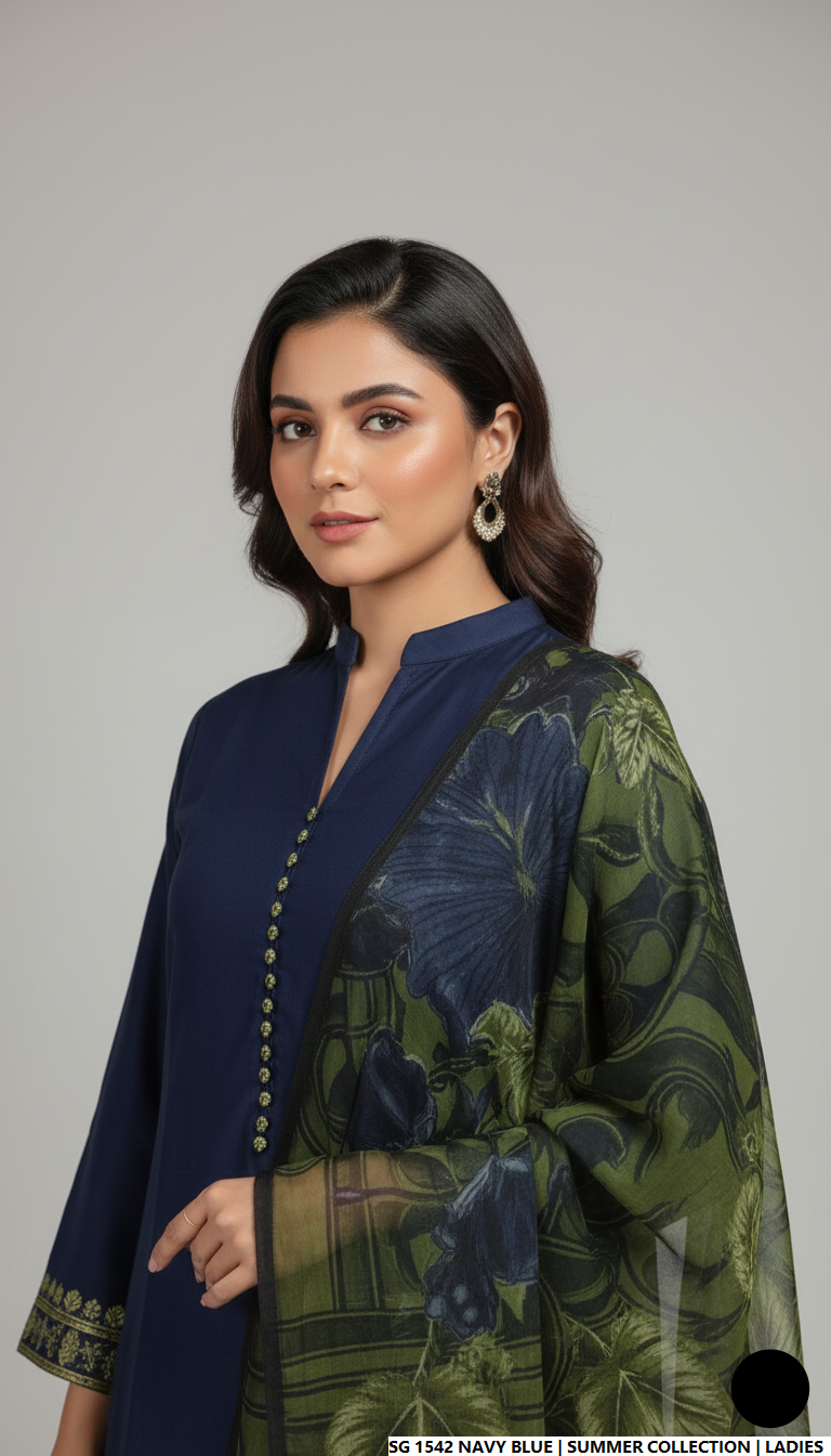 Navy blue lawn Pakistani women's A-Line casual shirt side view