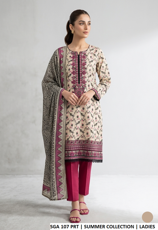 Lawn straight printed shirt - Pakistani women's casual summer outfit with cotton trouser and lawn dupatta front view