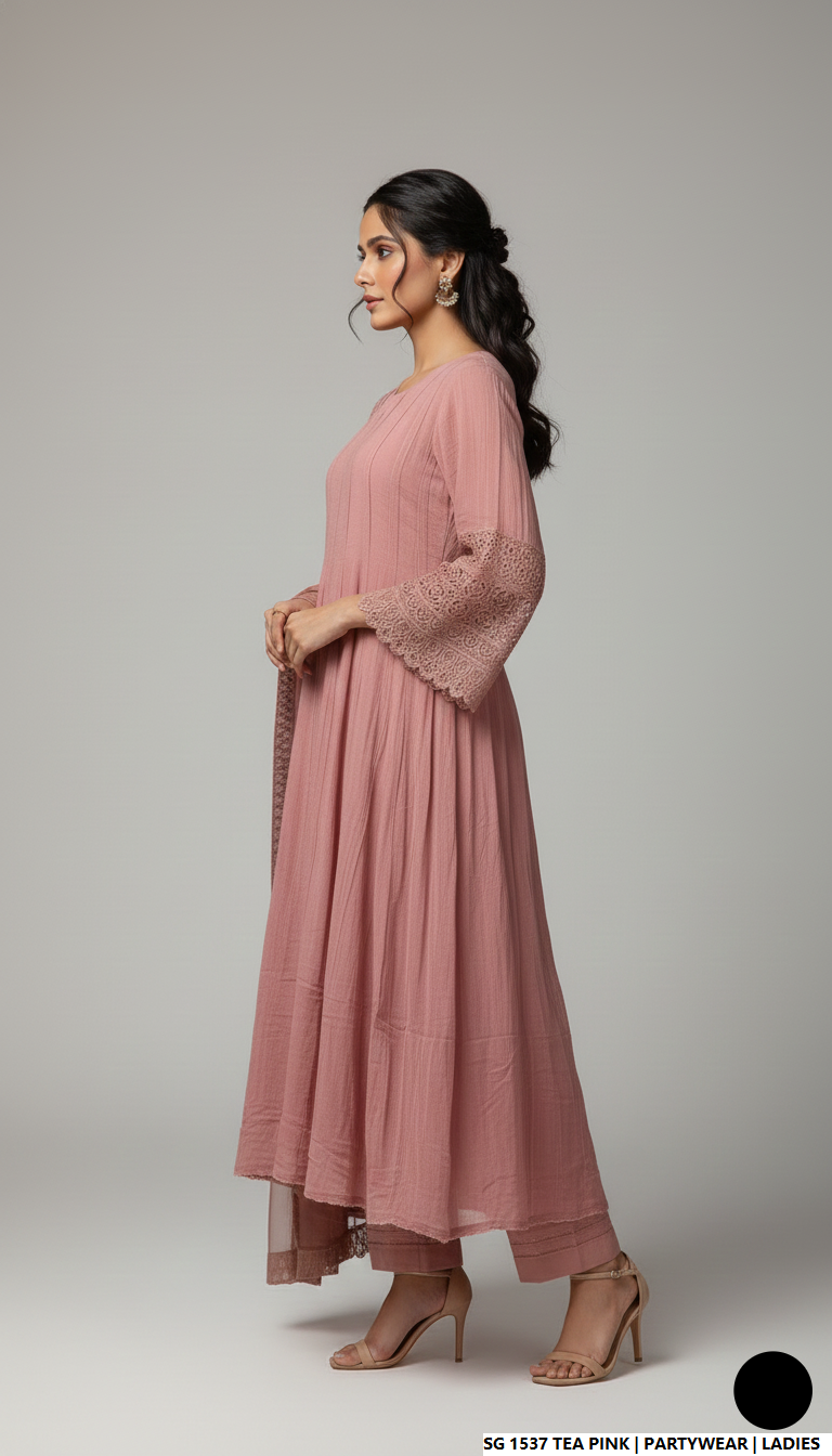 Pakistani women's tea pink lawn A-Line casual outfit back view