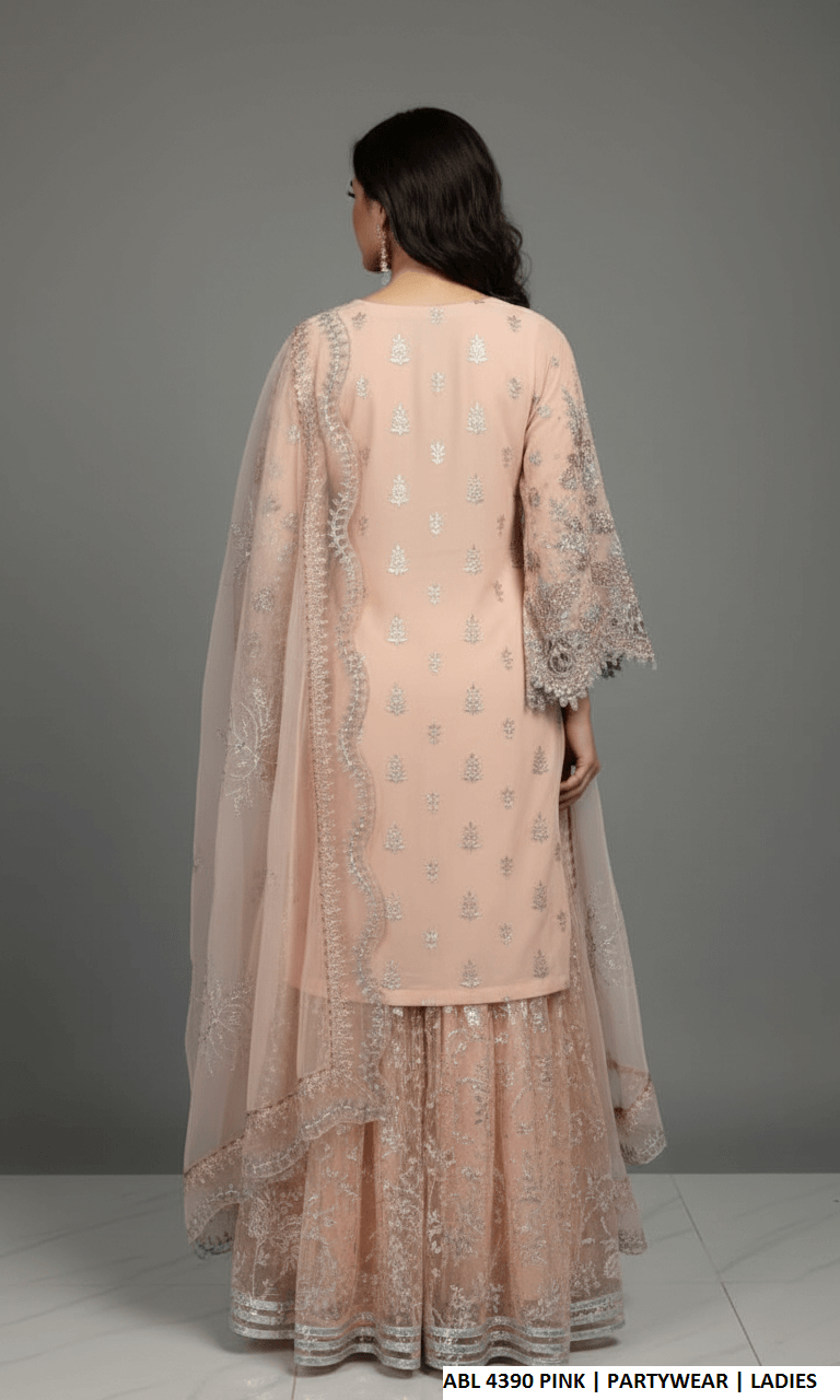 Pakistani women's pink organza A-Line shirt back view