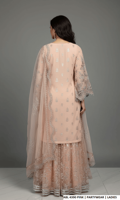 Pakistani women's pink organza A-Line shirt back view