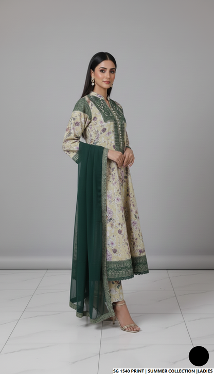 Pakistani women's lawn A-Line printed casual outfit back view