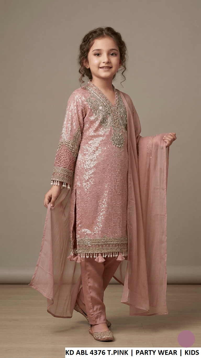 Chiffon straight shirt KD ABL 4376 T.PINK - Pakistani girls kids party wear with viscose trouser and chiffon dupatta front view