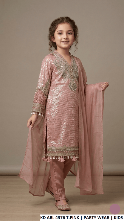 Chiffon straight shirt KD ABL 4376 T.PINK - Pakistani girls kids party wear with viscose trouser and chiffon dupatta front view