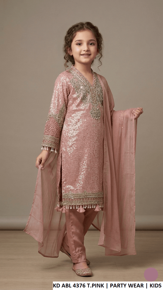 Chiffon straight shirt KD ABL 4376 T.PINK - Pakistani girls kids party wear with viscose trouser and chiffon dupatta front view