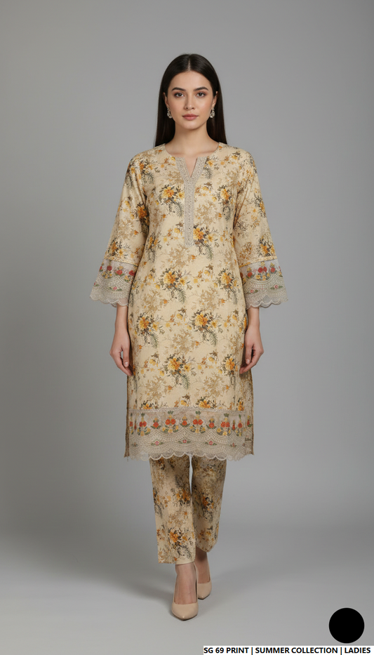Lawn 2-piece printed - Pakistani women's casual summer outfit with cotton trouser and lawn dupatta front view