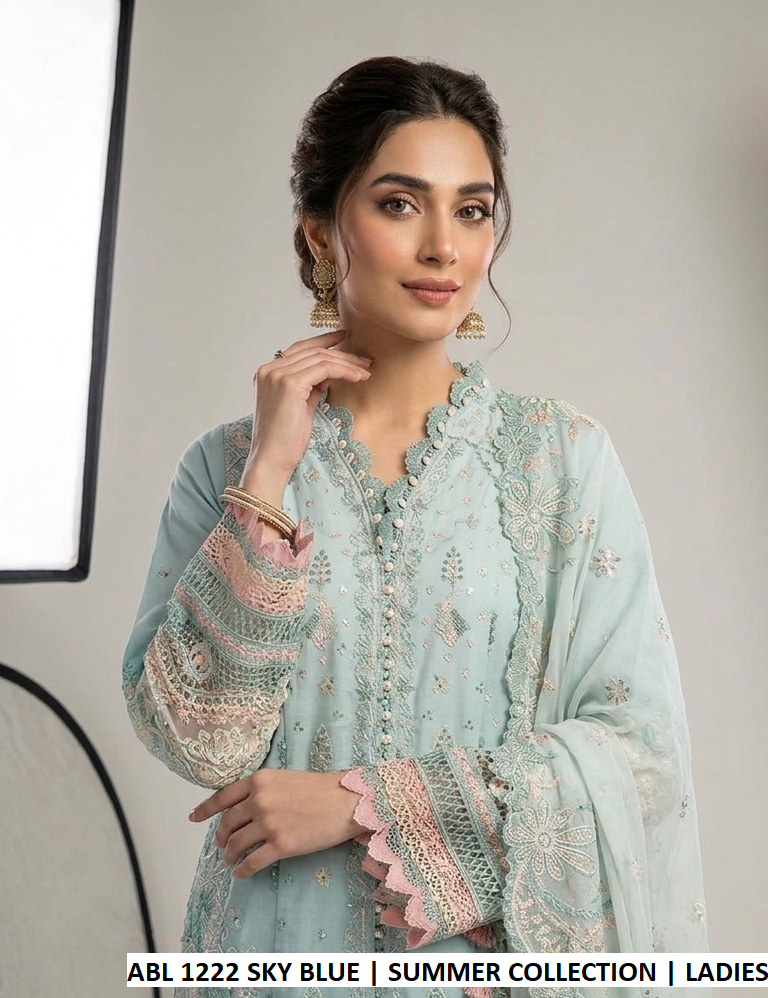 Sky blue poly lawn Pakistani women's A-Line shirt with plazo side view