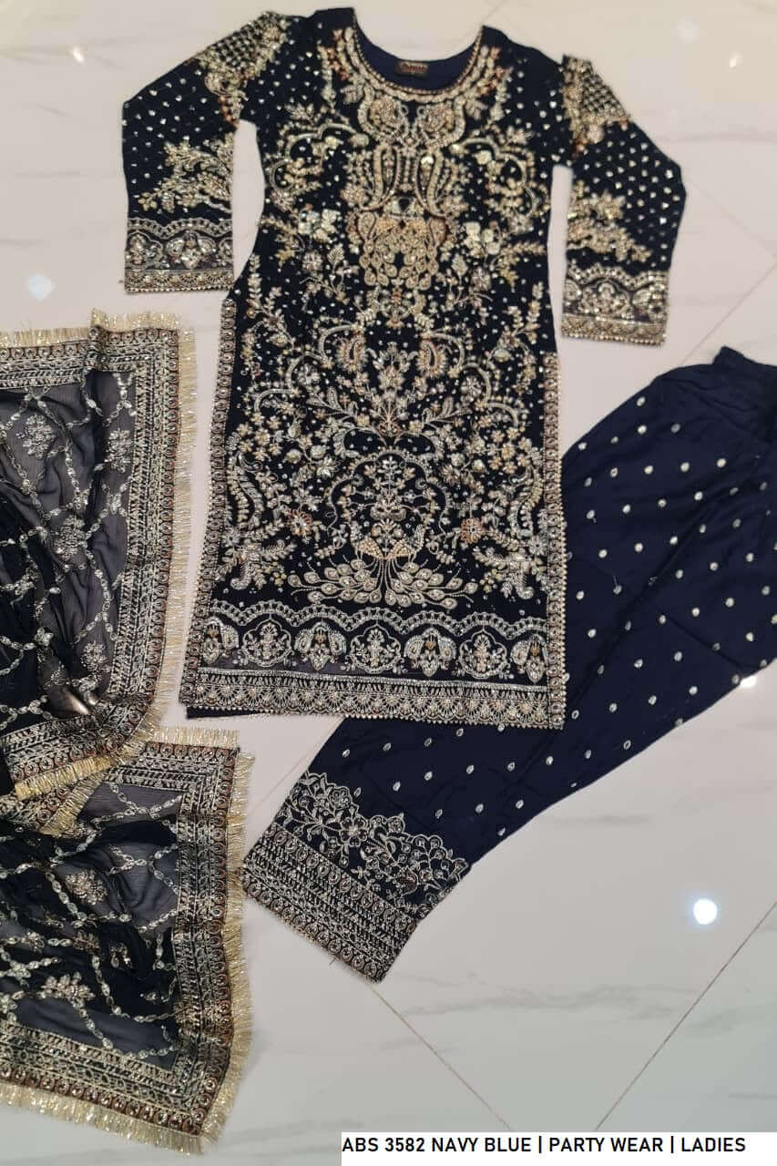 Navy blue chiffon Pakistani women's straight shirt with shalwar back view
