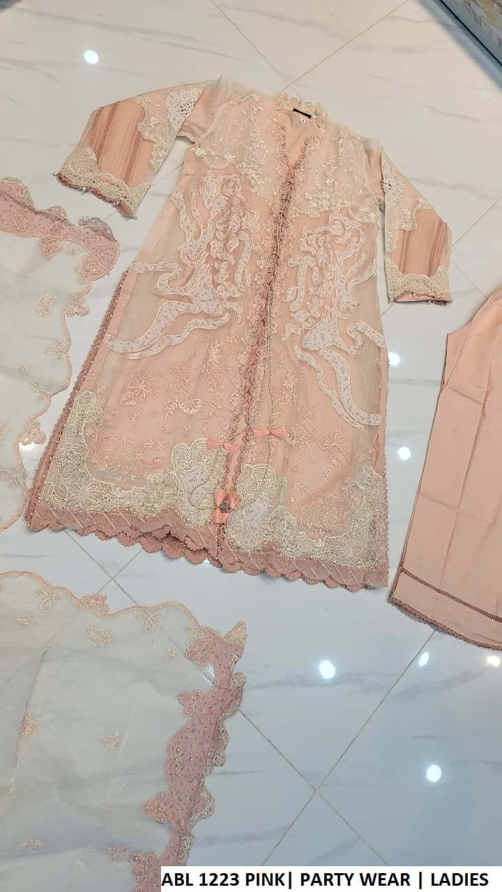 ABL 1223 TEA PINK paper cotton Pakistani women's open gown with plazo back view