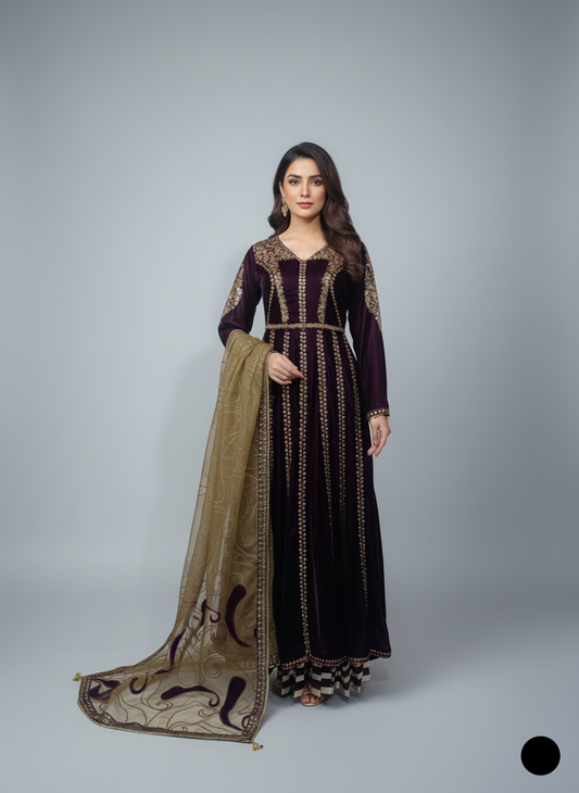 Velvet A-Line shirt maroon - Pakistani women's winter formal wear with viscose trouser and palachi shawl front view