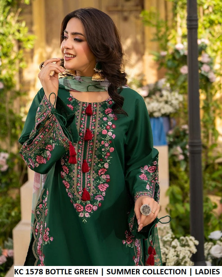 KC Sunehri 1578 Bottle Green - Bottle Green Chiffon Embroidered 3-Piece Women's Pakistani Suit