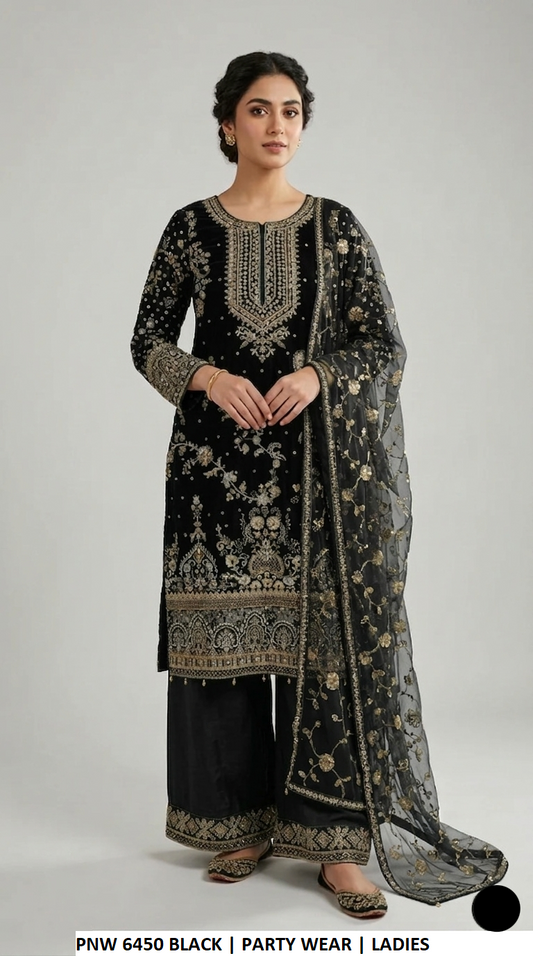 PNW 6450 BLACK - Black Chiffon Straight 3-Piece Women's Pakistani Suit