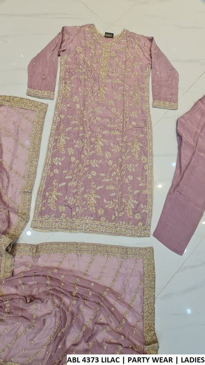Pakistani women's lilac silk straight shirt formal outfit back view