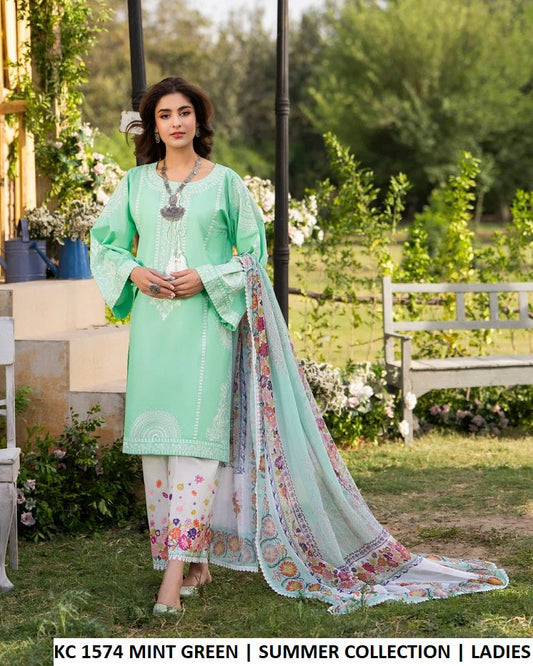 KC Sunehri 1574 Mint Green - Mint Green Embroidered 3-Piece Women's Pakistani Suit