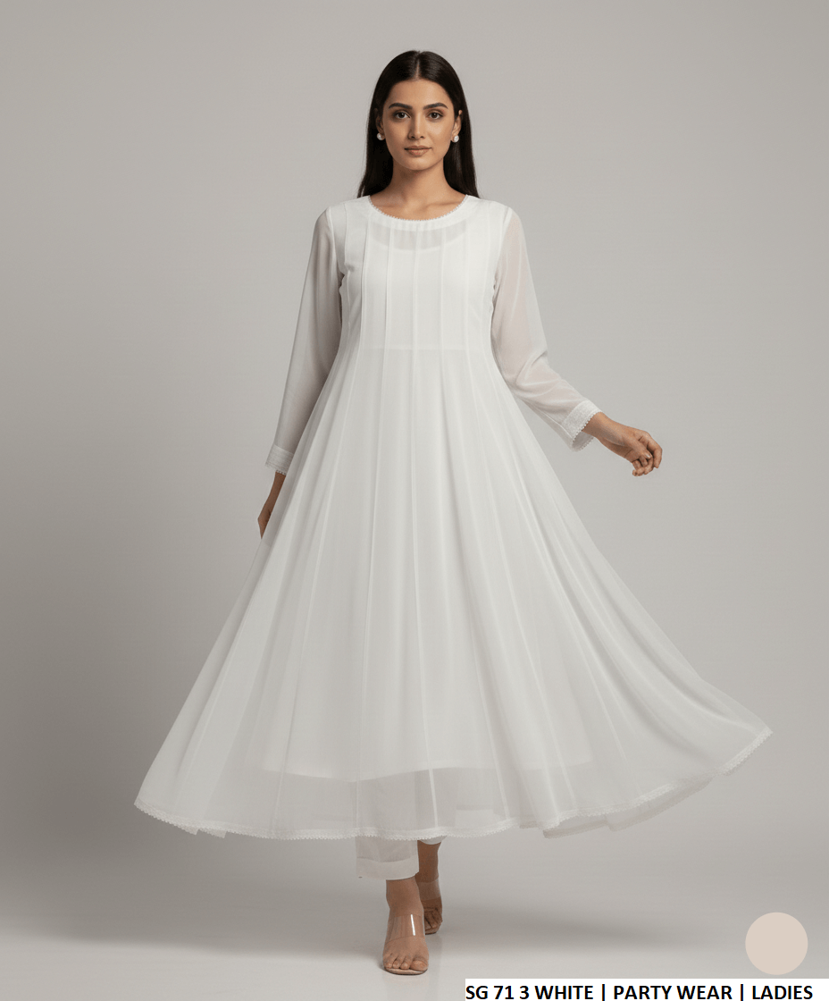 Pakistani women's white chiffon long frock back view