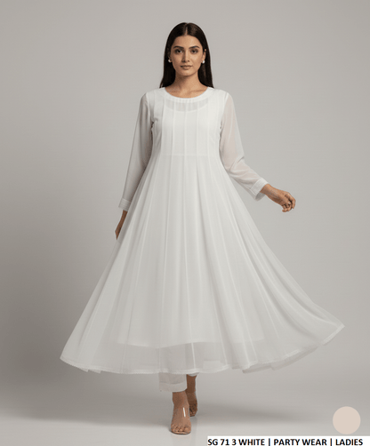 Pakistani women's white chiffon long frock back view