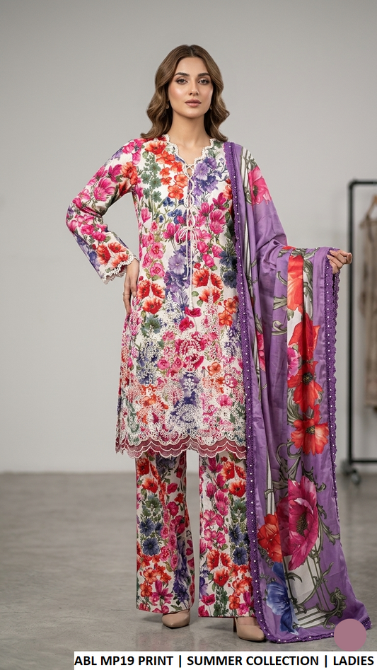 Poly lawn A-Line shirt plazo printed - Pakistani women's casual summer outfit with digital print silk dupatta front view