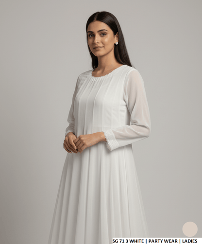 White chiffon Pakistani women's long frock side view