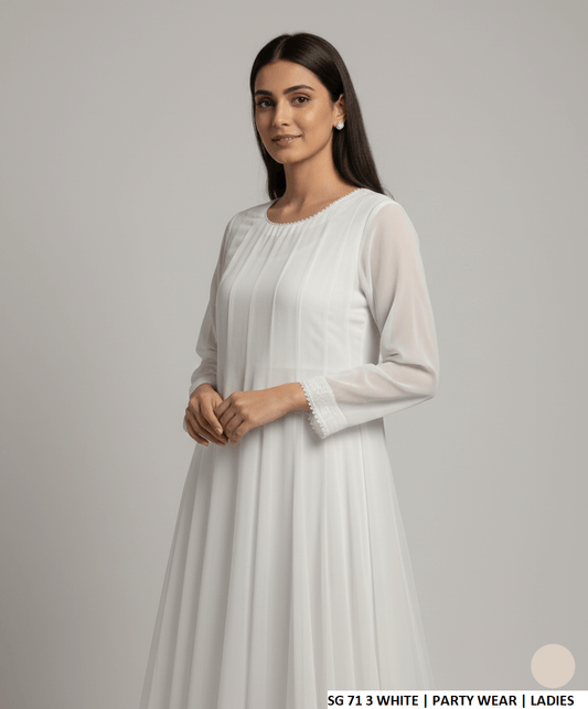White chiffon Pakistani women's long frock side view
