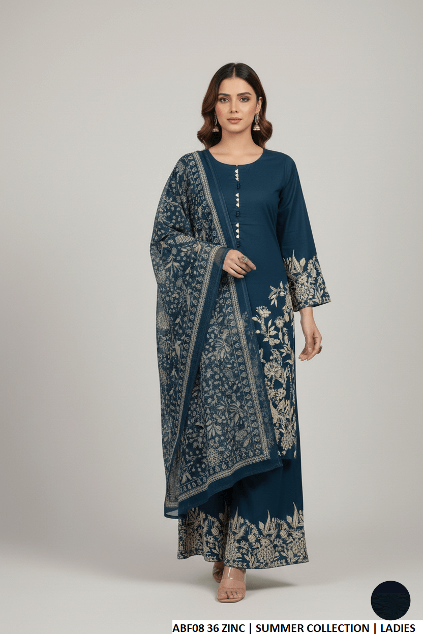 Lawn straight shirt plazo zinc grey - Pakistani women's casual outfit with digital print dupatta front view