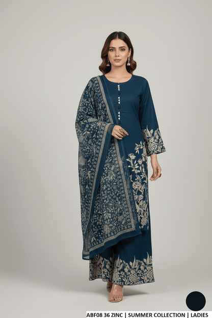 Lawn straight shirt plazo zinc grey - Pakistani women's casual outfit with digital print dupatta front view