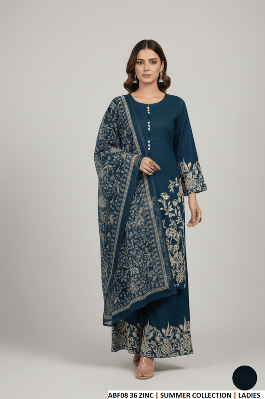 Lawn straight shirt plazo zinc grey - Pakistani women's casual outfit with digital print dupatta front view
