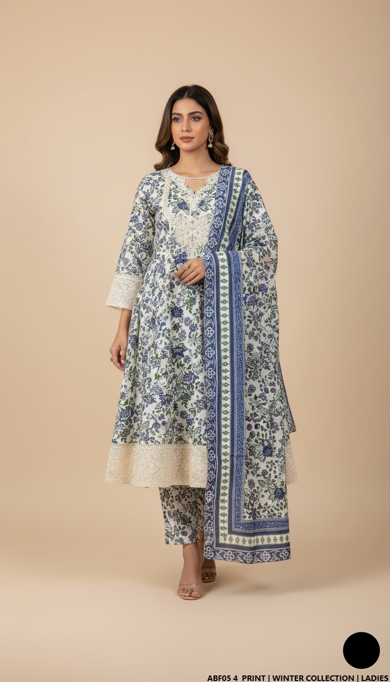 Khaddar printed 2-piece - Pakistani women's casual winter outfit with khaddar trouser and shawl front view