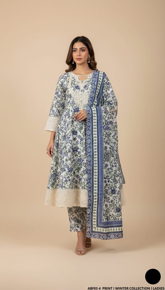 Khaddar printed 2-piece - Pakistani women's casual winter outfit with khaddar trouser and shawl front view