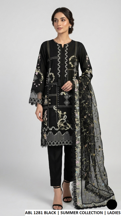 ABL 1281 BLACK - Black Cotton Straight 3-Piece Women's Pakistani Suit