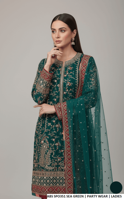 Sea green chiffon Pakistani women's straight shirt side view