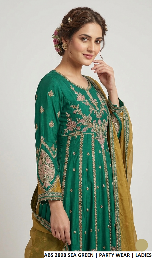 Sea green chiffon Pakistani women's open frock side view