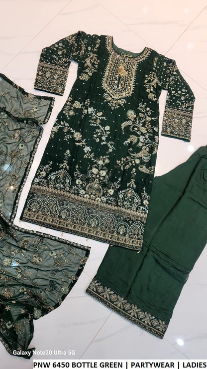 Pakistani women's bottle green chiffon straight shirt plazo back view