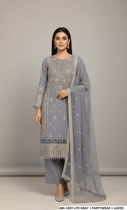 Pakistani women's light grey chiffon straight shirt back view