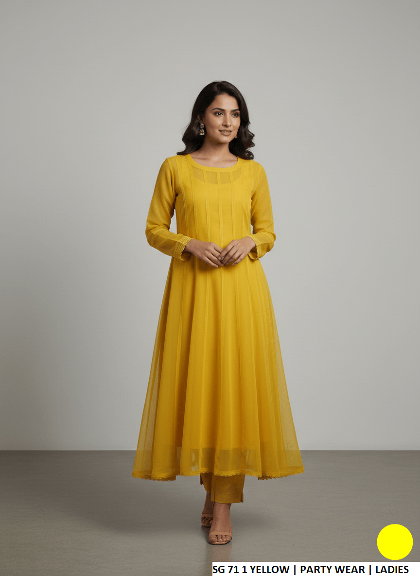 Pakistani women's yellow chiffon long frock back view