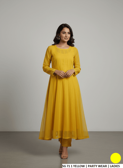 Pakistani women's yellow chiffon long frock back view