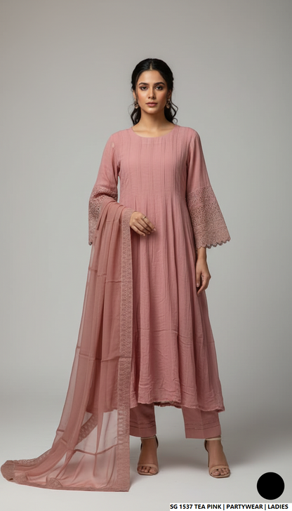 Lawn A-Line shirt tea pink - Pakistani women's casual summer outfit with cotton trouser and lawn dupatta front view