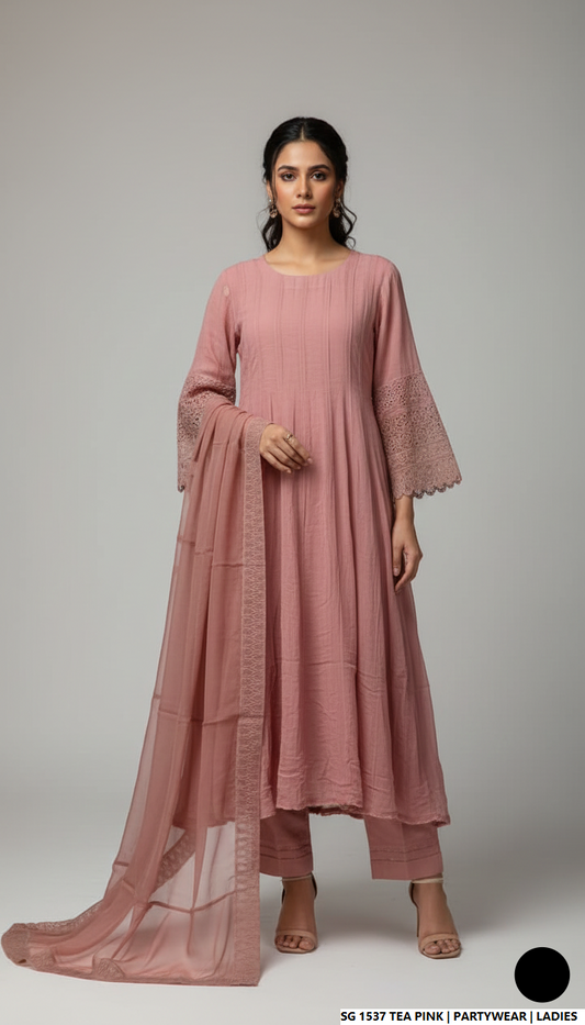 Lawn A-Line shirt tea pink - Pakistani women's casual summer outfit with cotton trouser and lawn dupatta front view